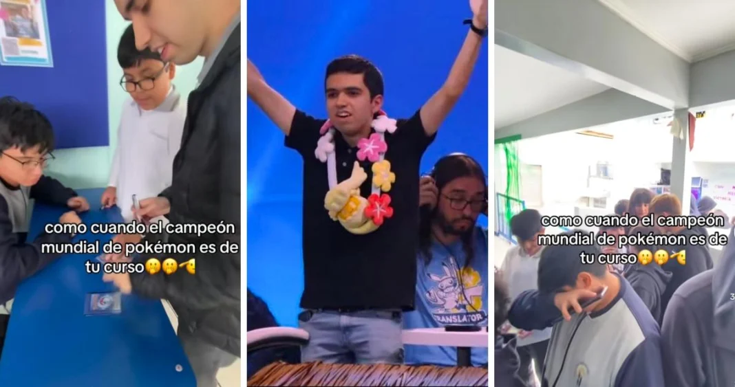 Estudiantes esperan emocionados para conseguir el autógrafo del campeón mundial chileno de Pokémon. Estudiantes esperan emocionados para conseguir el autógrafo del campeón mundial chileno de Pokémon.