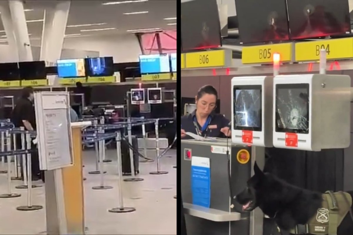 Pasajero furioso destroza pantallas en el aeropuerto de Santiago por cobro extra.
