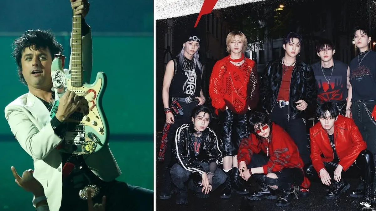 Green Day y Stray Kids se encuentran antes de los American Music Awards 2023.