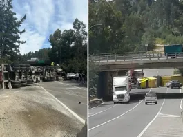 Camión de alto tonelaje volcado tras accidente en Valparaíso.
