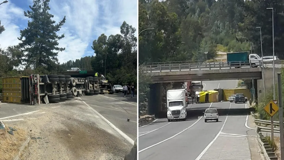 Camión de alto tonelaje volcado tras accidente en Valparaíso.