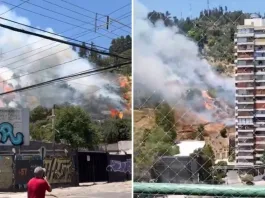Incendio en Cerro San Cristóbal amenaza edificios cercanos en la ladera.