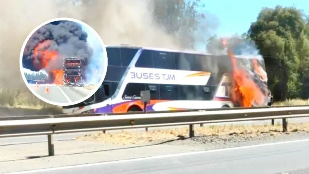 Bus destruido por incendio en Ruta 5 Sur