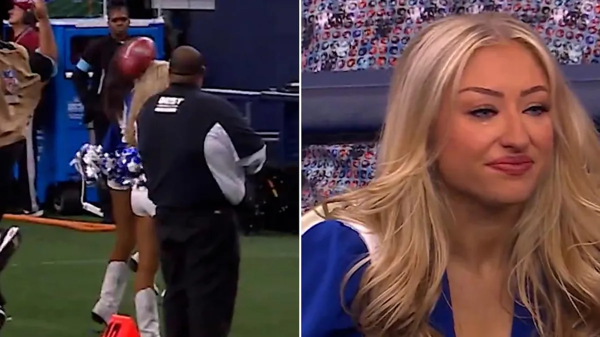 Un jugador de la NFL impacta accidentalmente a una animadora tras una patada.