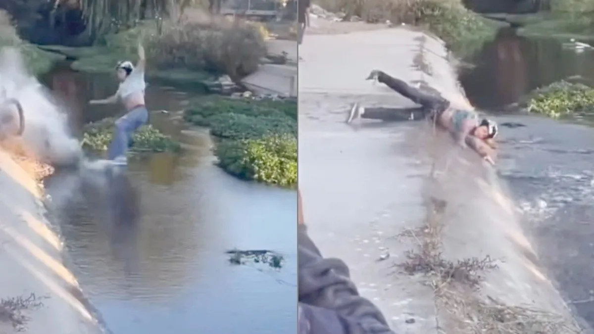 Ciclista intenta acrobacia y cae al Estero Marga Marga en un fallido intento.