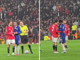 Enzo Fernández y un rival del Manchester United: tensión en el cara a cara.