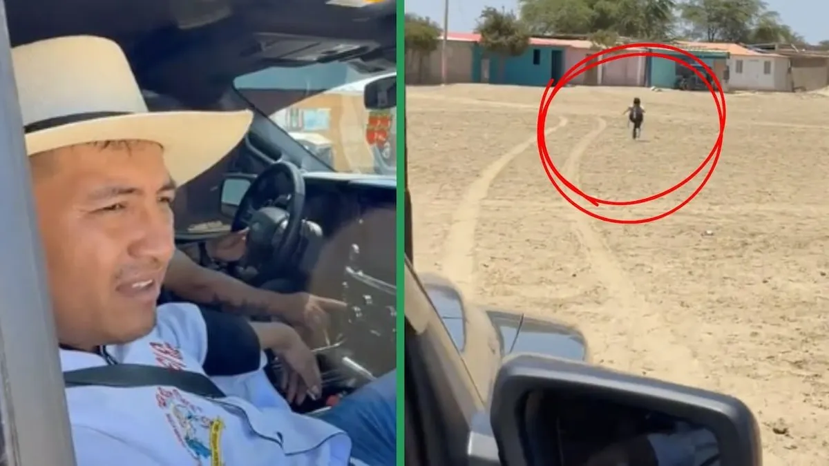 Un niño asustado escapa mientras un tiktoker lo persigue en su camioneta.