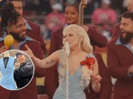 Lady Gaga deslumbra en vestido celeste de Diego Cajas en el Super Bowl.